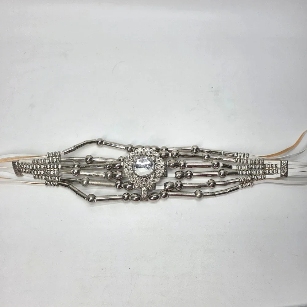 Vintage Chain Belt Rhinestone Beaded Studded Silver White Western Bling Festival
